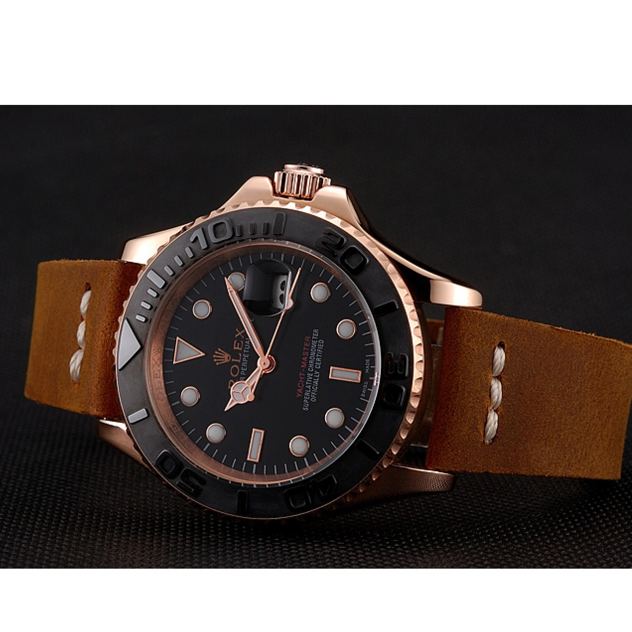 Rolex aaa copy Leather Black 1453861 Rose Case Gold Master Bracelet Rolex Yacht Brown Dial 0616